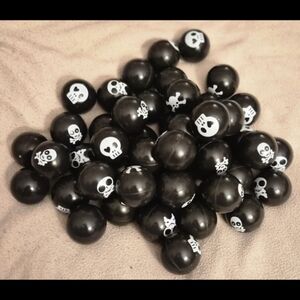 Lot of 45 New Large Black Bouncy Balls 45mm 4 Different White Skull Graphics